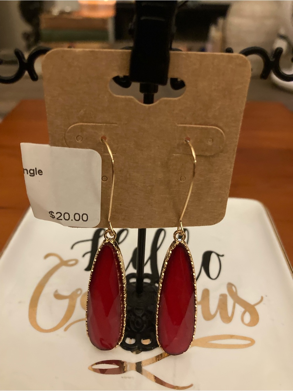 18K Gold Plated Gold-Trim Red Elegant Teardrop Dangle Earrings